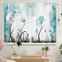 Farmhouse Teal Daisy Floral Kitchen Curtains Rustic