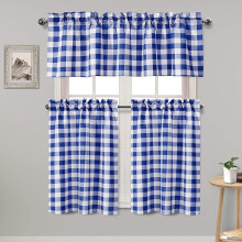 Semi Sheer Kitchen Curtains Set Buffalo Plaid Royal Blue