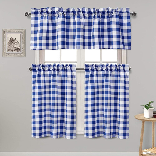 Semi Sheer Kitchen Curtains Set Buffalo Plaid Royal Blue