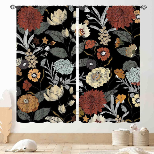 Black Boho Floral Curtains Tropical Leaves Mandala Design 2