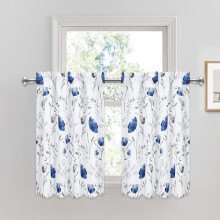 Blue Flower Watercolor Tier Curtains Blue Gray Floral 2 pcs