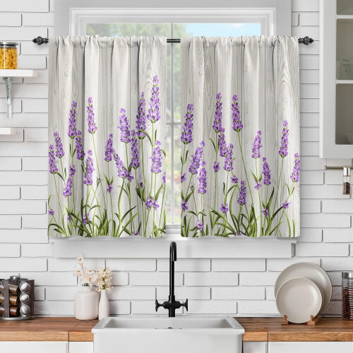 Lavender Floral Kitchen Curtains Rustic Farmhouse 2 Panels