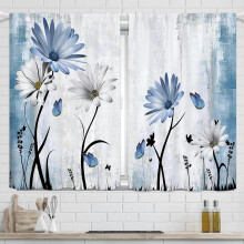 Blue Floral Kitchen Curtains Rustic Farmhouse Style 27.5x39