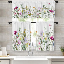 Spring Flower Kitchen Curtains Valance & Tier Set Pink