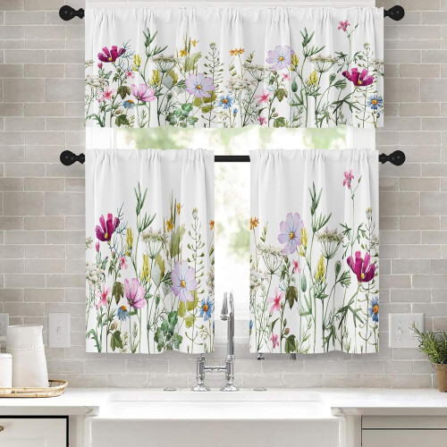 Spring Flower Kitchen Curtains Valance & Tier Set Pink