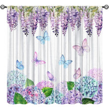 Purple Hydrangea Curtains Wisteria Butterfly Print Rod