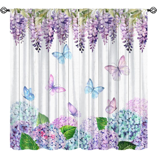 Purple Hydrangea Curtains Wisteria Butterfly Print Rod