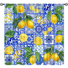 Lemon Curtains Blue Majolica Tiles Curlicue Leaves Rod