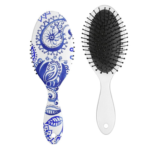 Retro Hair Brush Floral Pattern Soft Bristles Wooden Handle