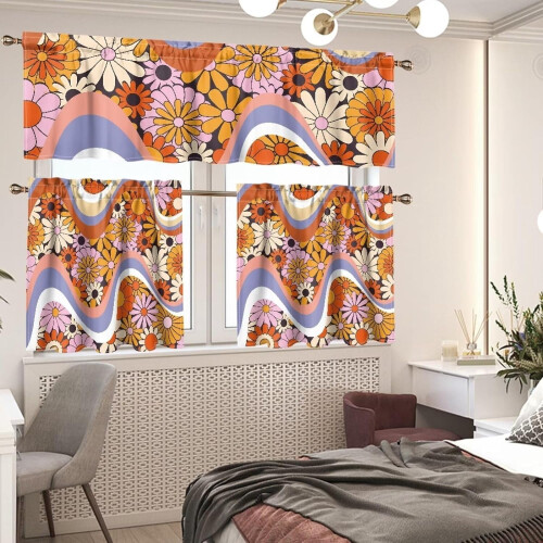 Boho Flower Kitchen Curtains Set Rod Pocket 3-Piece 1