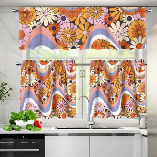 Boho Flower Kitchen Curtains Set Rod Pocket 3-Piece 2