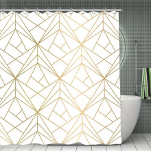 Rideau de douche à motif géométrique doré avec reflets blancs,