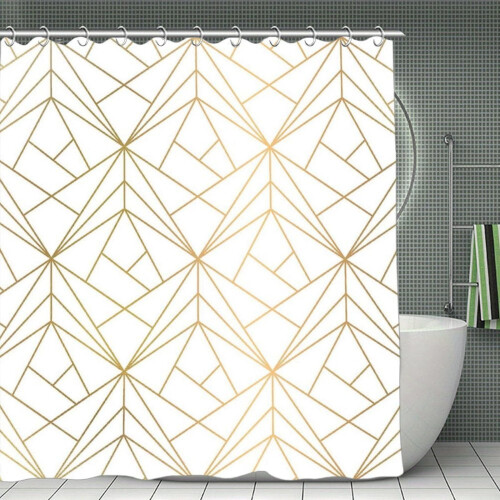 Perdea de duș cu model geometric auriu și strălucire albă,