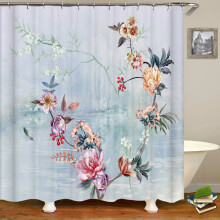 Nordisk dusjforheng med blomstermotiv og fugler i polyester, vanntett