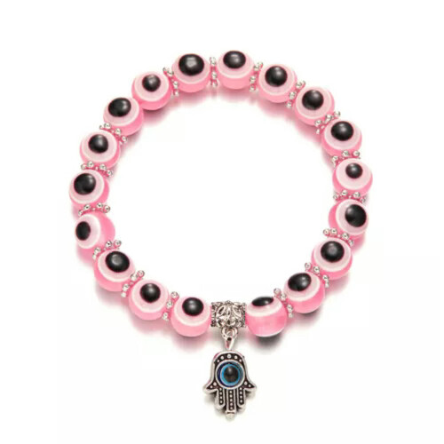 Pulseira turca Hamsa com olho grego e contas rosa, 18 cm
