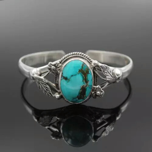 Pulseira rígida esculpida em prata 925 com turquesa (1 peça)