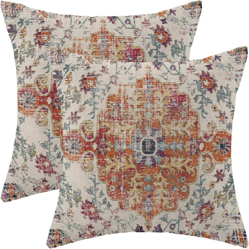 Μαξιλαροθήκες Boho σε χρώμα Burnt Orange Blue Linen-Blend 16x16 ίντσες