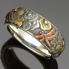 Bague rétro libellule et fleur argentée, taille unique
