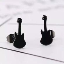 Brincos em aço inoxidável banhados a ouro em formato de guitarra, unissex, pretos.