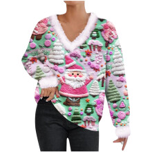 Hässlicher Weihnachtspullover für Damen, flauschig, V-Ausschnitt, Grün
