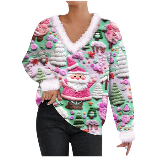 Γυναικείο Πουλόβερ Ugly Christmas με V-Neck, Πράσινο