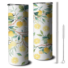 Mug de voyage citron en acier inoxydable avec couvercle et paille