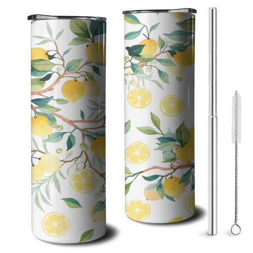 Citronmugg i rostfritt stål med lock och sugrör