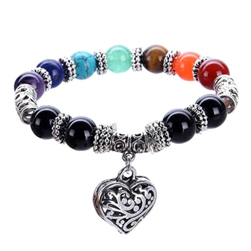 Pulseira Vintage7Chakra com Contas de Pedra e Pingente de Coração