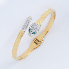 Pulseira de aço inoxidável com titânio em formato de cobra e detalhes em verde.