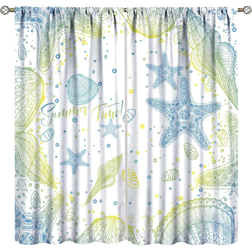Ocean Theme Curtains Teal Blue Coral Shell Design 2 Panels