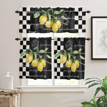 Tropical Lemon Buffalo Plaid Curtains Semi-Sheer 3-Pc Black