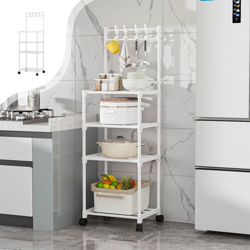 Carrello da cucina con ruote, bianco e nero, a 4 ripiani