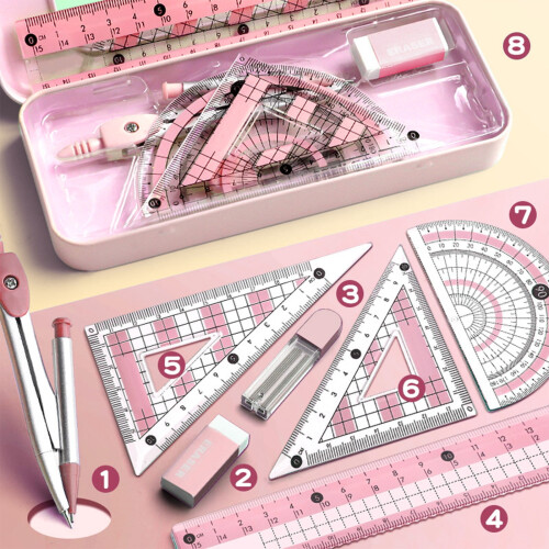 Set di strumenti geometrici anti-miopia per la matematica, composto da 8 pezzi.