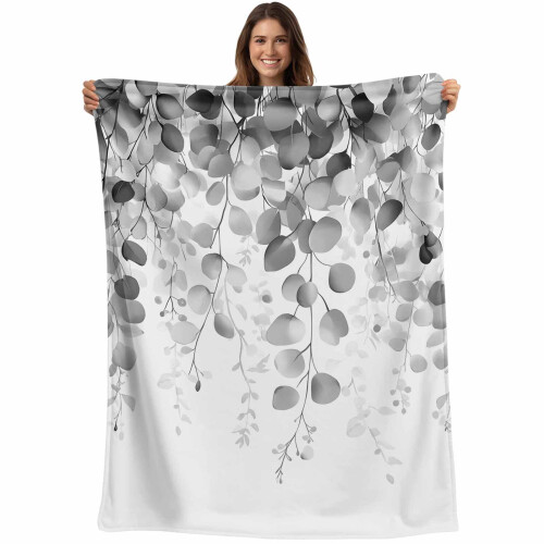 Grey Flannel Fleece Throw Blanket 50x60in Eucalyptus Design 1