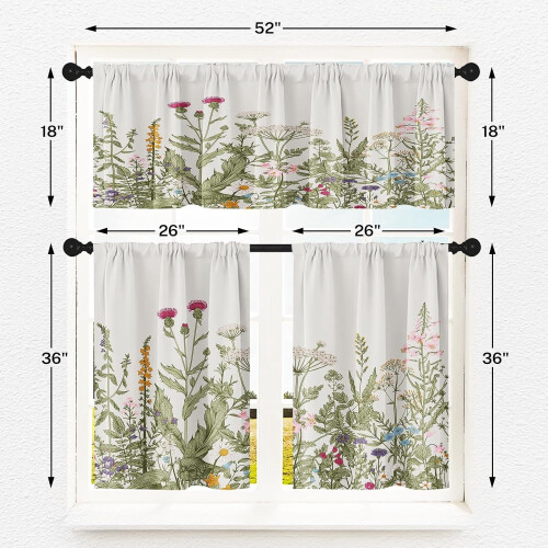 Floral Herbs Kitchen Curtains Valance Tier Set 36 inch 2
