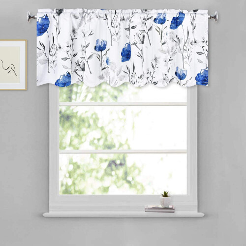 Flower Print Kitchen Curtain Valance Blue 52W x 18L 1 Panel 1