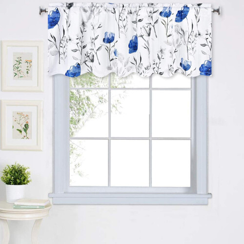 Flower Print Kitchen Curtain Valance Blue 52W x 18L 1 Panel 2