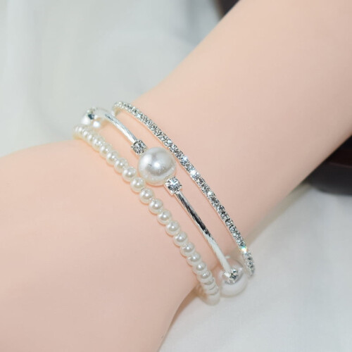 Crystal Pearl Bracelet Adjustable Multi-layer Gold Silver 2