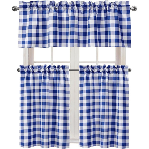 Semi Sheer Kitchen Curtains Set Buffalo Plaid Royal Blue 1