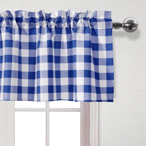 Semi Sheer Kitchen Curtains Set Buffalo Plaid Royal Blue 2