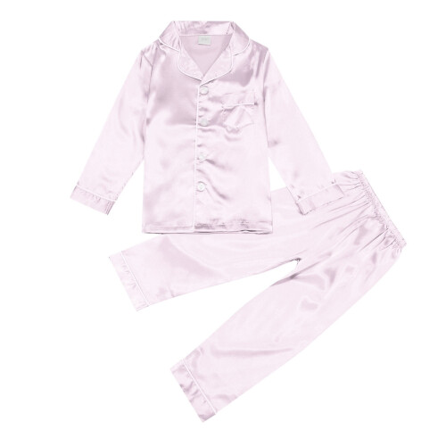 Girls Pajama Set Glitter Satin Solid Color 2-Piece Pink 1