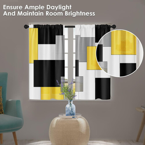 Yellow Kitchen Curtains Abstract Geometric 26x36 Inch Set 1