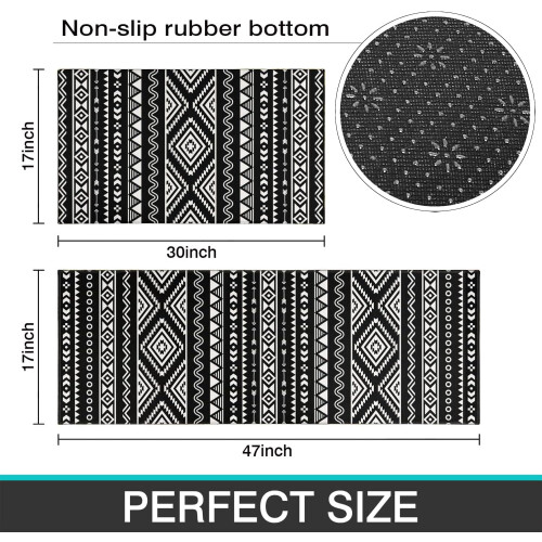 Black Boho Kitchen Rug Set 2 Piece Washable Non-Slip 2