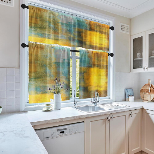 Abstract kitchen curtains set teal gray yellow 36 inch rod 1