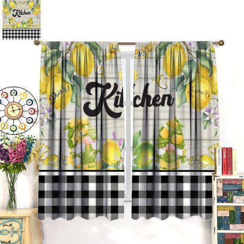 Lemon Farmhouse Kitchen Curtains Rustic Gnome Pattern 2