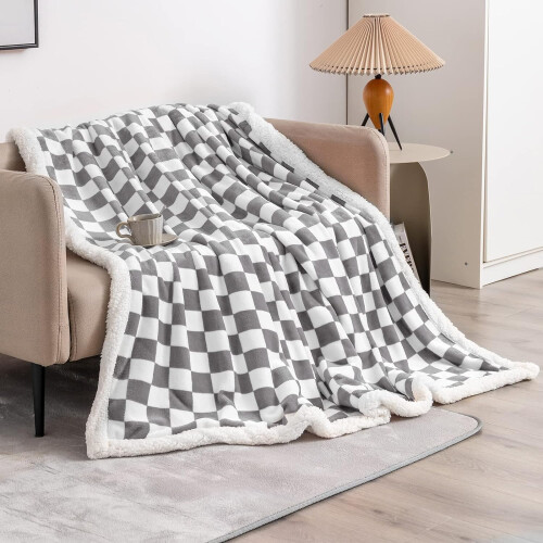 Sherpa Fleece Throw Blanket Checkered Pattern Grey 50x60 1
