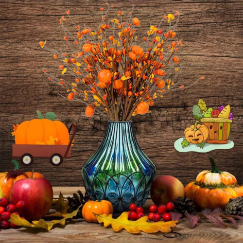 17 inch Artificial Fall Berry Stems with Orange Pumpkin 1