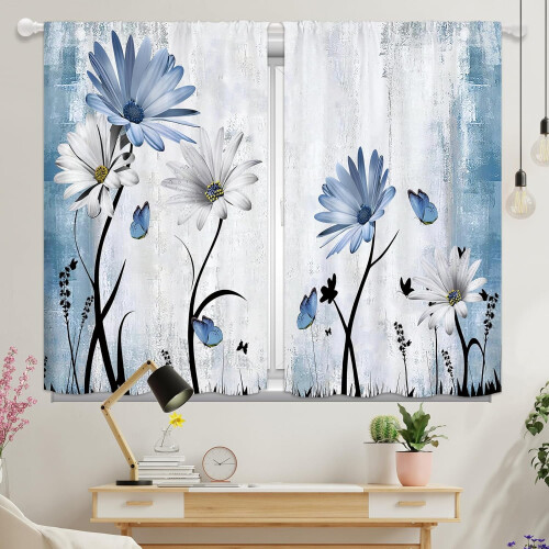 Blue Floral Kitchen Curtains Rustic Farmhouse Style 27.5x39 1