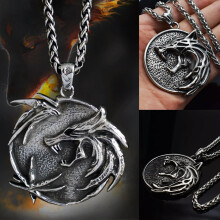 Men's Witcher Wolf Pendant Necklace Stainless Steel 24 inch