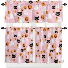 Pink Halloween Kitchen Curtains Set with Ghost Skeleton